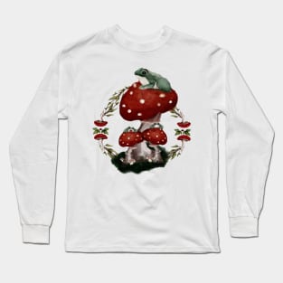 Watercolor Frog Friends on Red Button Mushrooms Long Sleeve T-Shirt